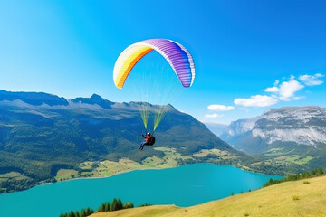 Paragliding Above Majestic Mountains and a Tranquil Lake - Generative ai