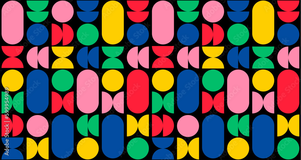 Fototapete Abstract Geometric Seamless Pattern in Retro Style. Modern Vector Graphic. Vintage Background with Colorful Bold Geometric Shapes
