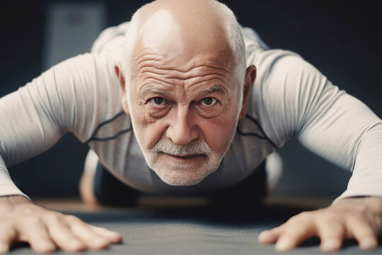 Old man doing push-ups. Generative AI illustration
