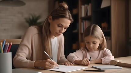 Cute child education at home, pupil study, home studying, have homework at distance learning. Lifestyle concept for home schooling. Mother helps her child. Generative ai.