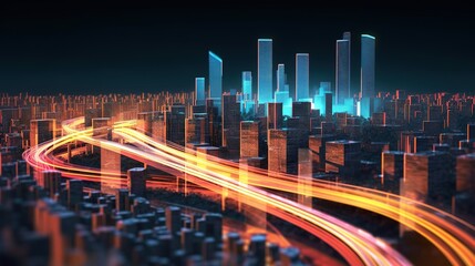 Cityscape With Light Streaks, Urban Skyline, Data Stream, Internet Of Things, Traffic And Transporation