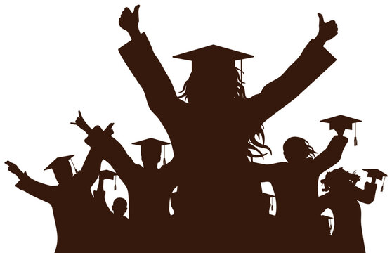 Cheerful graduate students, silhouette. Graduation at university or college or school.  Vector illustration.