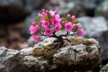 Fototapeta na wymiar Pink Flowered Bonsai Tree Growing out of a Rock. Generative AI