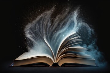 Open book with magical dust floating over it. Magical book, wisdom, fairytale. Generative AI