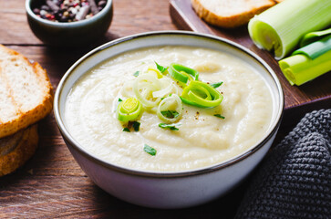 Leek Soup, Comfort Meal, Potato and Leek Creamy Soup, Vegetarian Food on Wooden Background