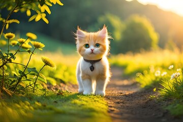 cat in the grass at sunrise, generative ai