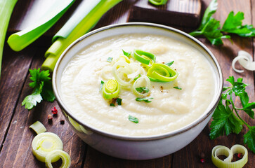 Leek Soup, Comfort Meal, Potato and Leek Creamy Soup, Vegetarian Food on Wooden Background