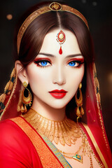 Naklejka na ściany i meble Portrait of a Indian woman in Saree at at night smiling at camera wearing lipstick and eyeshadow ,AI Generated 4