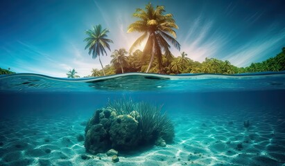Fototapeta na wymiar Tropical Island And Coral Reef - Split View With Waterline. Beautiful underwater view of lone small island above and below the water surface in turquoise waters of tropical ocean. Generative Ai.