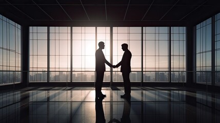 Obraz na płótnie Canvas silhouettes two businessmen handshake in cooperation agreement concept at the office and successful business partner. businessman shaking hands to seal a deal with his partner. Generative Ai.