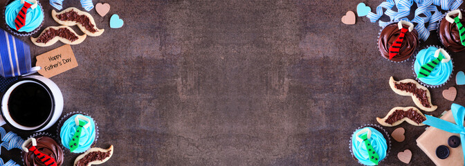 Fathers Day dessert double border. Top down view on a dark stone banner background. Gifts, greeting card, shirt cupcakes and mustache cookies.