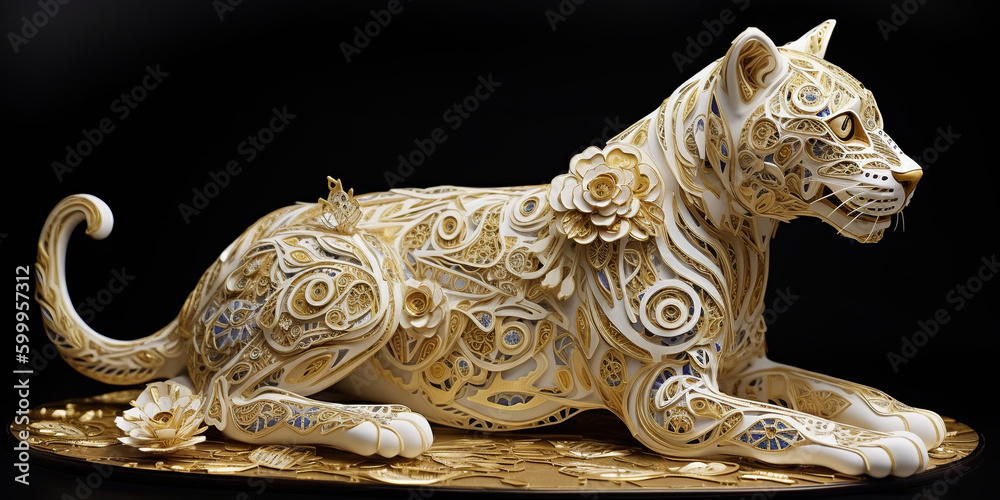 Wall mural Quilling mystical French Panther with white and gold flow. Isolated on a black background. Premium award background. - Wall murals