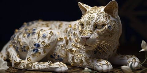 Quilling mystical French Panther with white and gold flow. Isolated on a black background. Premium award background.