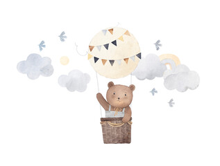 Funny bear flies on balloons among clouds. Watercolor hand drawn illustration. Can be used for kid poster or card. With white isolated background.