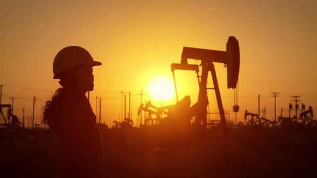 An Asian woman engineer inspects oil pumps at sunrise in a large oil field in California.