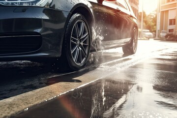 Obraz na płótnie Canvas rainwater spraying from car wheels. city road during heavy rain. Generative Ai.