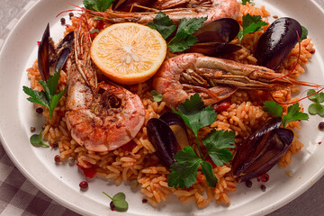 Seafood paella, shrimp and mussels risotto, rice, homemade, top view, no people,
