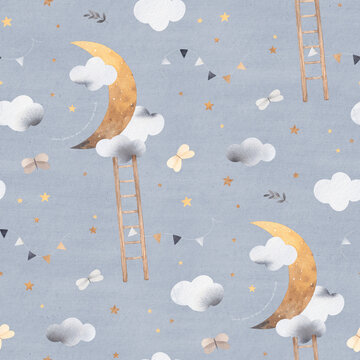 Watercolor illustration with moon, stairs and clouds. Seamless pattern background. Children's decor. Gray background