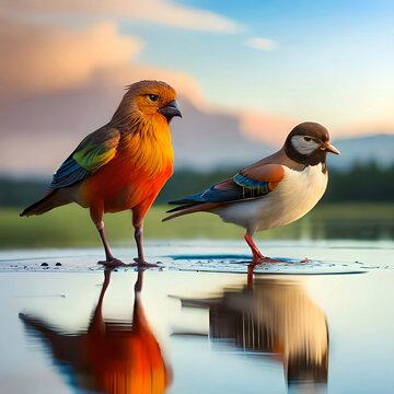 bird on a branch with sunset at the sea shore generated with AI