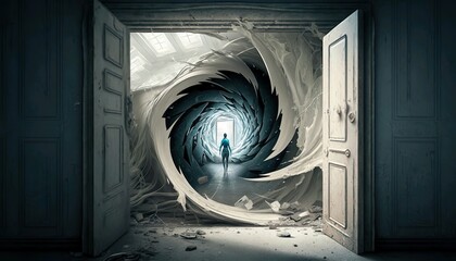 A person is in a darkened room with a spiral tunnel leading to a door Generative AI