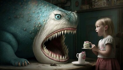 Obraz premium A girl in a pink dress is feeding a shark with a blue eye Generative AI