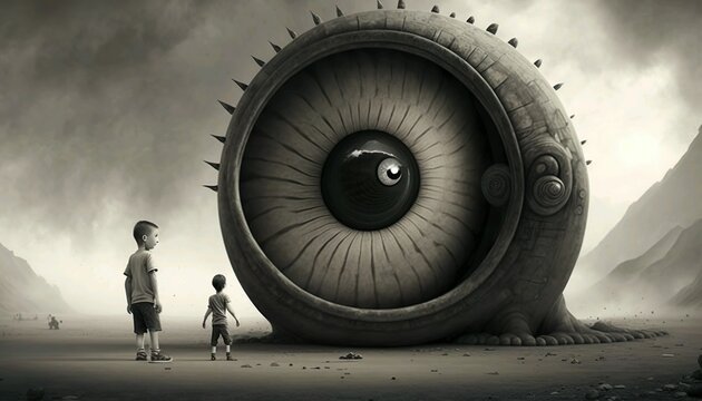 A drawing of a giant eye with a man and a boy looking at it Generative AI