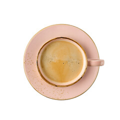 Vintage pink cup of hot coffee isolated on white background.  Top view full coffee cup.
