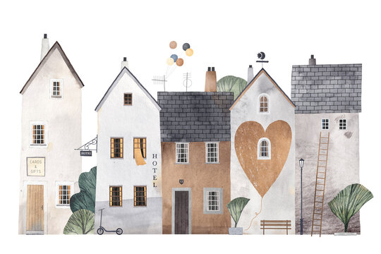 Cute seamless pattern old town. Watercolor illustration. Children's horizontal poster.