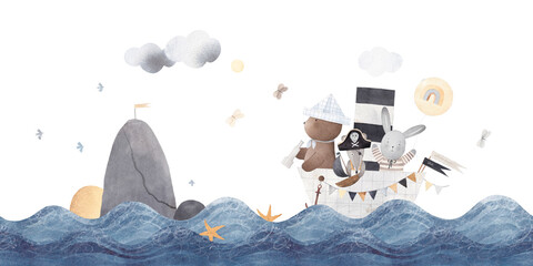 Cute animals travel on a paper boat on the sea. Decor for a children's room. Watercolor illustration. - 599959198