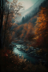 Fototapeta na wymiar Autumn landscape in dark forest .Generative AI
