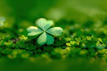 Lucky Irish Four Leaf Clover on the green background for St. Patricks Day, generative ai