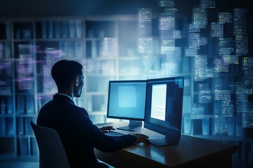 Obraz premium Businessman financier accountant working with laptop computer and documents. ERP, document management concept. Generative AI