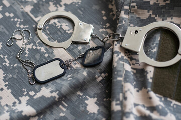 Handcuffs on a Camouflage background. Metal shackles isolated. Law. Limitation. Freedom. Security....