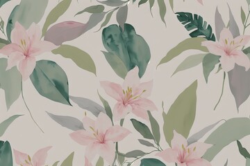 a watercolor painting of pink flowers and green leaves, generative ai