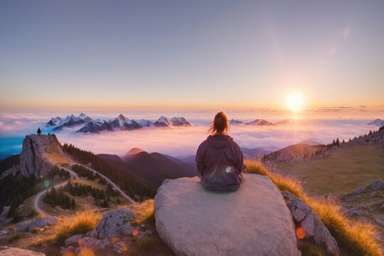 Young man sitting on top of cliff in summer mountains at sunset and enjoying view of nature, generative ai