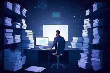 Businessman financier accountant working with laptop computer and documents. ERP, document management concept. Generative AI
