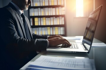 Businessman financier accountant working with laptop computer and documents. ERP, document management concept. Generative AI