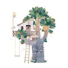 Tree house for playing and parties. House on tree for kids. Children playground. Summer camp vacation. Watercolor style. Isolated. - 599960536