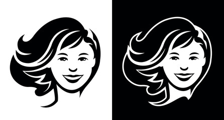 Beautiful woman face front view hairdresser beauty salon or cosmetic brand vector business logo template isolated on white and dark background.