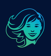 Beautiful woman face and hair front view hairdresser beauty salon or cosmetic brand vector business logo template.