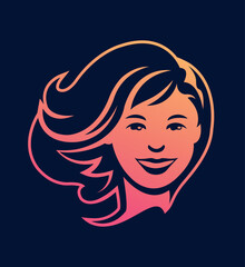 Beautiful woman face business logo template front view for hairdresser beauty salon or cosmetic brand vector illustration isolated on dark background.