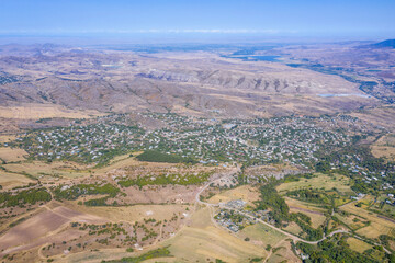 Aerial view of Achajur village on sunny summer day. Tavush Province, Armenia.