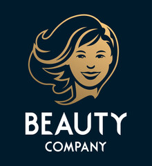 Beautiful girl face with hair front view hairdresser beauty salon or cosmetics brand business logo template vector illustration.