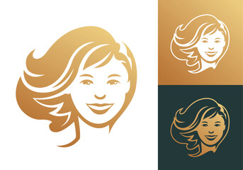 Beautiful woman face business logo template front view for hairdresser beauty salon or cosmetic brand vector illustration.