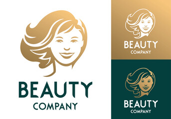 Set of vector business logo template of a beautiful woman face for hairdresser beauty salon or cosmetic brand.