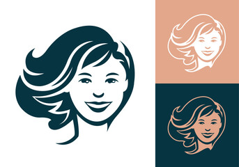 Beautiful girl face with hair front view hairdresser beauty salon or cosmetics brand business logo template vector illustration.