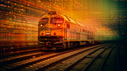 Cargo train on a background of analytics data represents the transportation and logistics industries, highlighting the role of railway transportation in these fields.	
