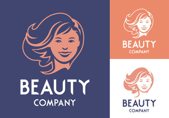 Beautiful woman face business logo template front view for hairdresser beauty salon or cosmetic brand vector illustration.