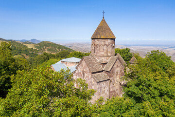 Fototapeta na wymiar Drone view of Makaravank Monastery on sunny summer day. Tavush Province, Armenia.