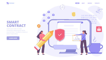 Digital contract, smart contract online, electronic signature. Design concept for landing page. Flat vector illustration with characters for website, print, banner.